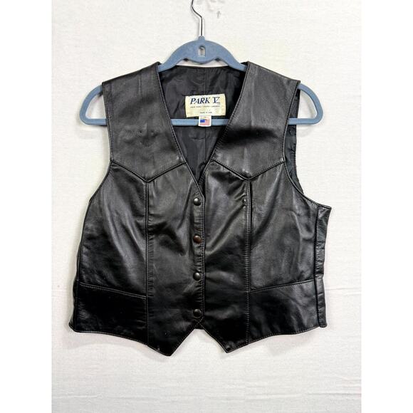 Vtg Park V Leather Biker Vest Womens 16 Black Motorcycle Classic Button Front - Picture 1 of 8